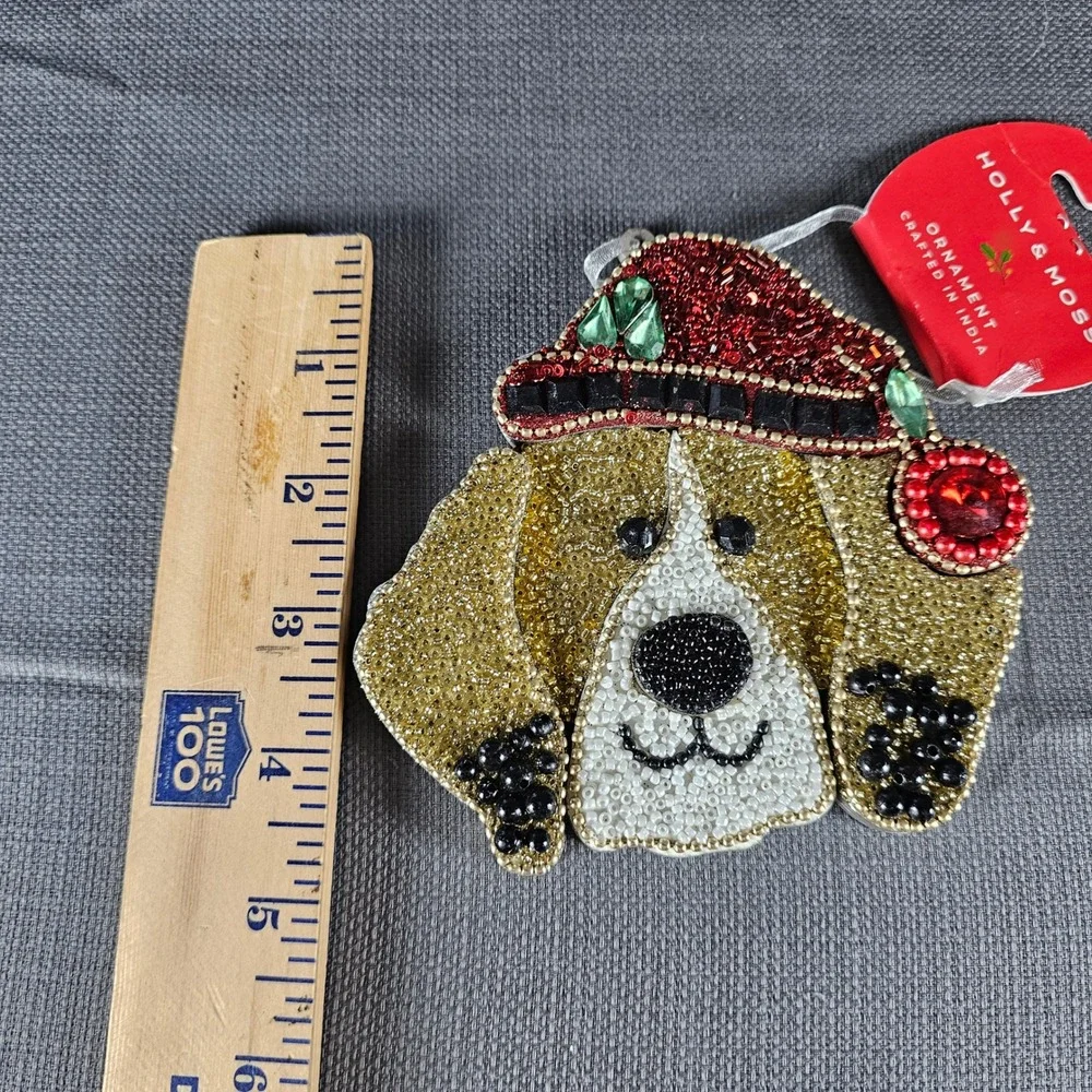 Holly & Moss Beaded Dog Christmas Ornament Santa Hat Beagle‎ Festive Holiday